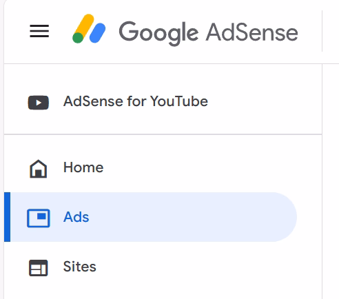 The Ads option on the left side of Adsense